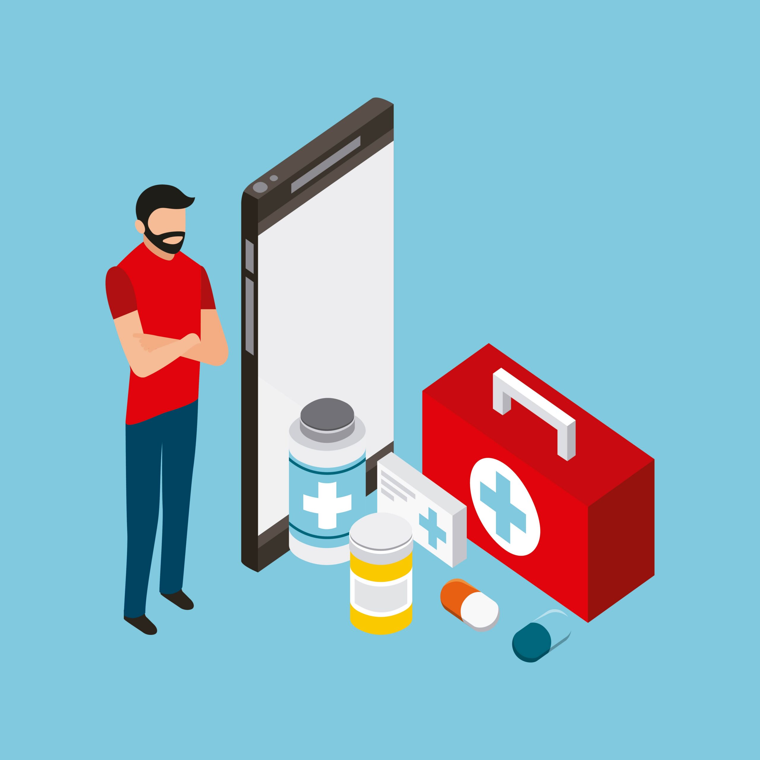 digital health smartphone patient first aid kit and medicines vector illustration