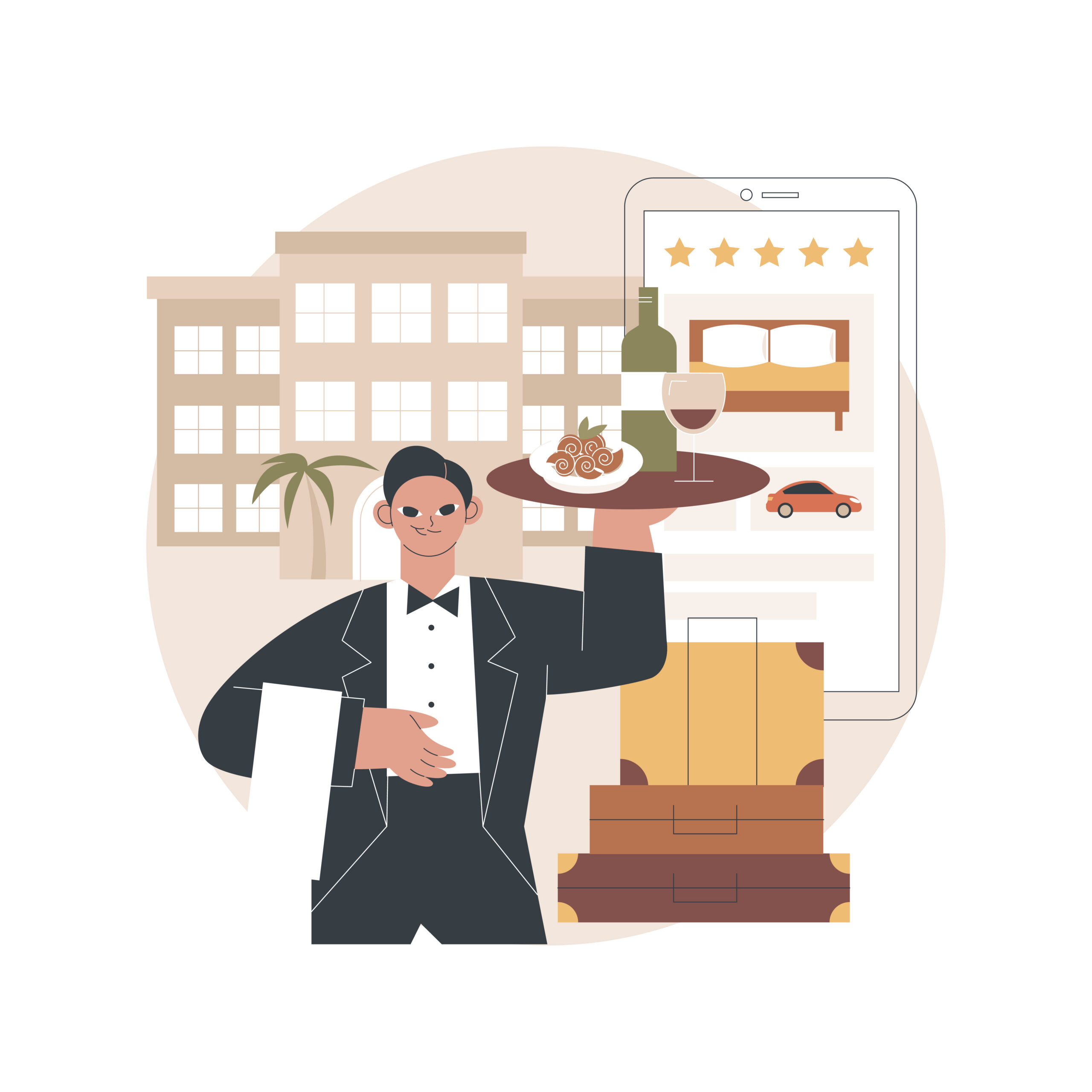 Lifestyle hotel abstract concept vector illustration. Hospitality industry, cutting-edge resort, online booking, traveler review, free breakfast, wi-fi and parking, sea shore abstract metaphor.