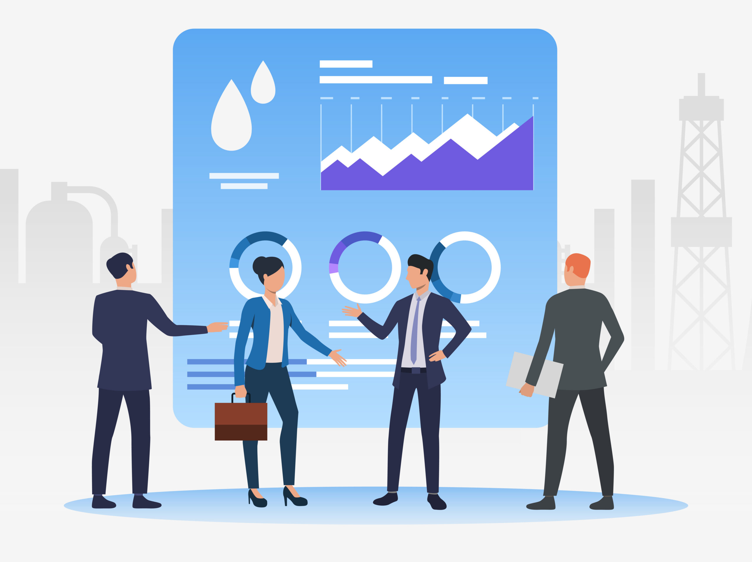 Business people working and discussing issues, data charts. Negotiations, management, oil industry concept. Vector illustration can be used for topics like business, marketing, analytics