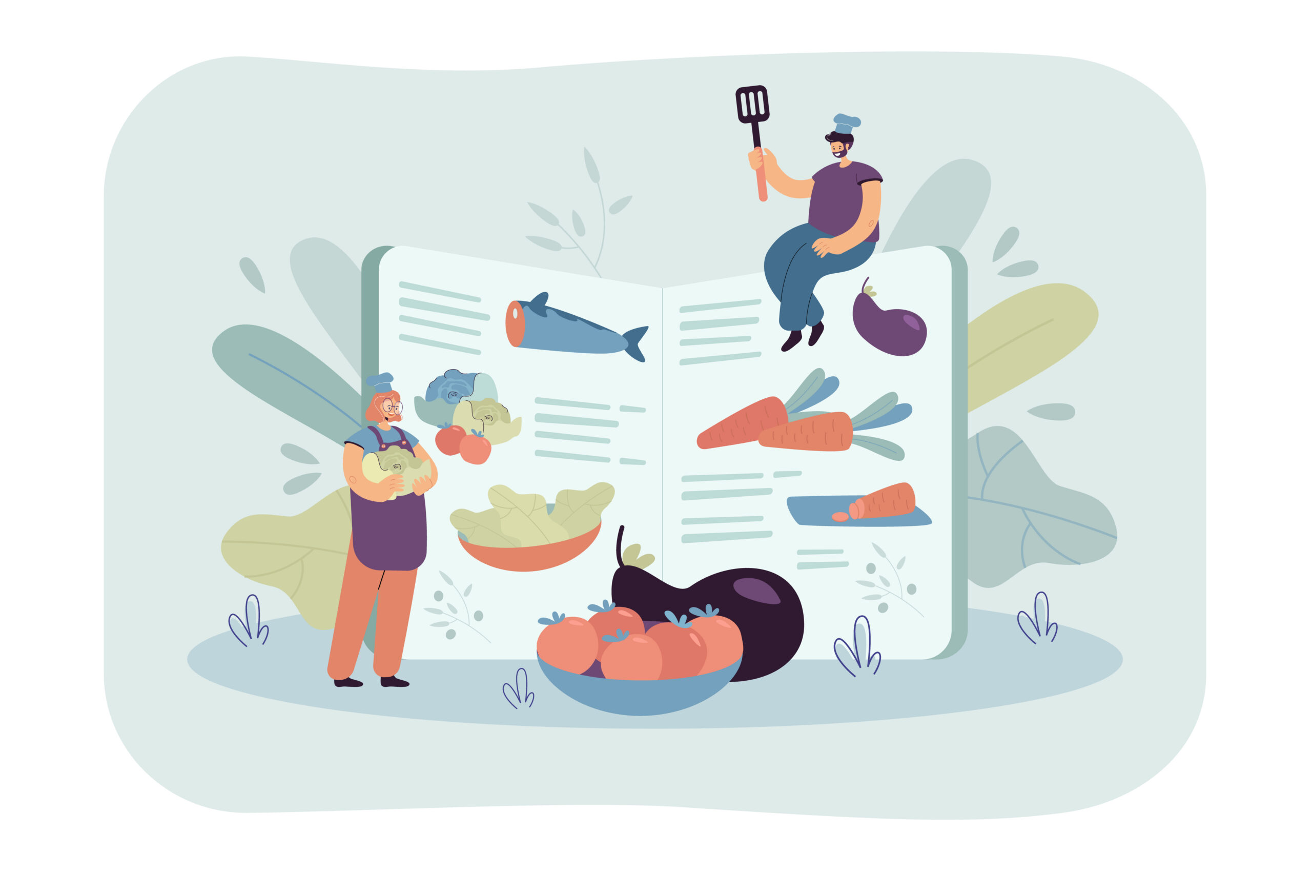 Tiny chefs cooking healthy food according to recipe book, preparing fresh ingredients for organic meal menu. Vector illustration for restaurant menu, healthy eating, culinary concept