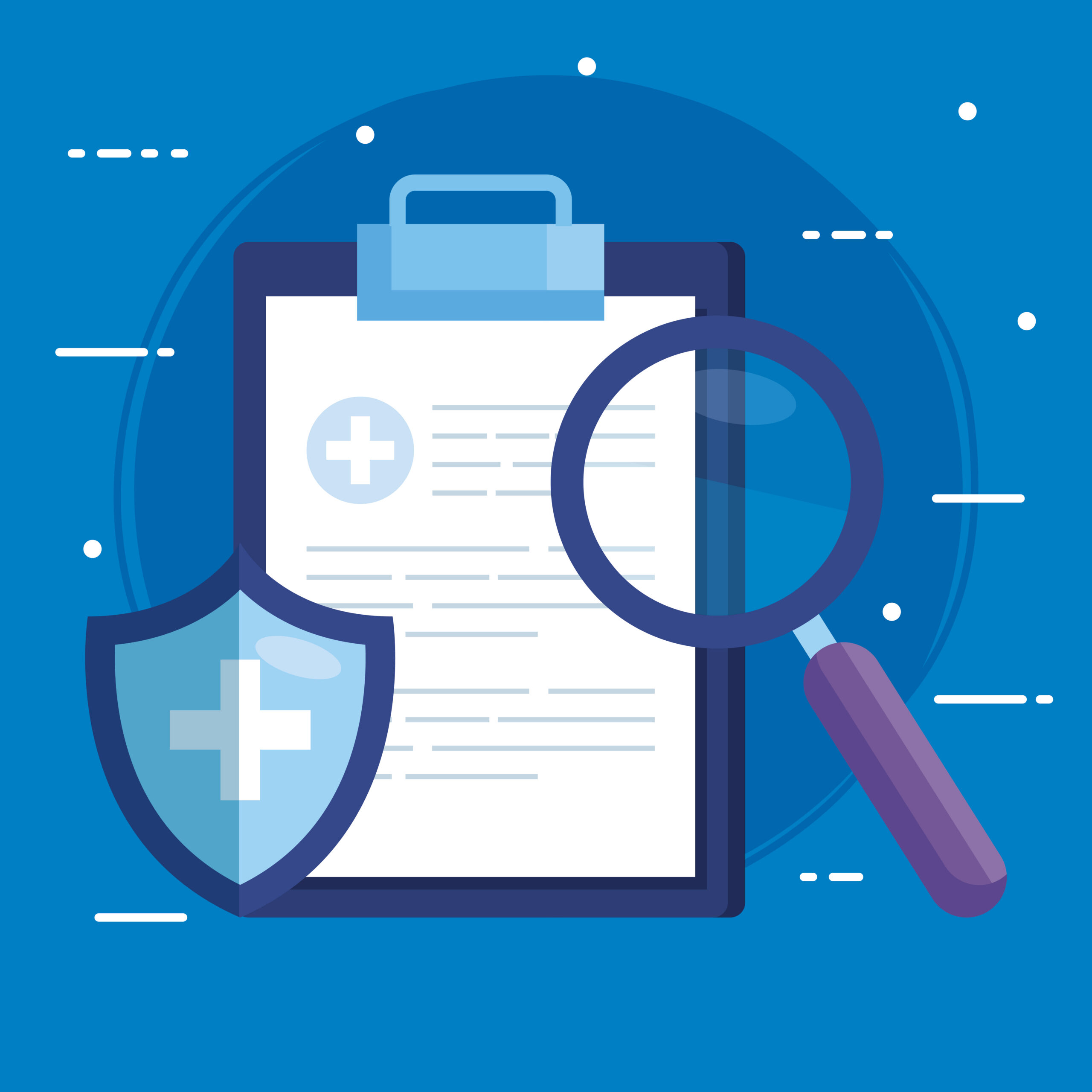 clipboard with shield and magnifying glass vector illustration design